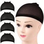 Stocking Wig Caps 4PCS Stretchy Nylon Wig Caps Stocking Caps For Wigs Wig Caps For Women Man Black Color