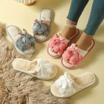 Bowknot Fluffy Home Slippers Lightweight Soft Sole Plush Lined Bedroom Slippers Non-slip Floor Slippers Winter & Autumn