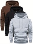 3-PACK Set Of Solid Color Men's Hooded Long Sleeve Sweatshirts With Kangaroo Pocket Chic And Trendy Tops For Men Versatile For A