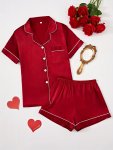Solid Satin Pajama Set Casual Short Sleeve Button Up Lapel Collar Top & Elastic Shorts Women's Sleepwear