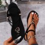 Women's Summer Thong Sandals With Elastic Ankle Straps Fashion Heart Decor Comfortable Flat Beach Shoes