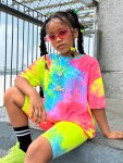 Tween Girl Vacation Leisure 2PCS Tie-dye Round Neck Short Sleeve T-Shirt And Shorts Set For Spring summer