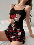 Cute Bear With Heart Print Frill Trim Pajama Set Round Neck Backless Cami Top & Elastic Shorts Women's Sleepwear