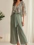 Plant Print Stylish Pantsuits Three-quarter Sleeve V Neck Blouse & Belted Wide Leg Pants Outfits Women's Clothing