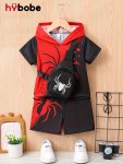 2PCS Boys Trendy Spider Print Colorblock Comfortable Versatile Hooded Short Sleeve T-Shirt & Shorts & Crossbody Bag Set Cool Lig
