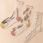 3 Pairs Tulip Embroidery Socks Stitching Mesh Mid Tube Socks Women's Stockings & Hosiery
