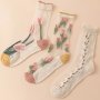 3 Pairs Tulip Embroidery Socks Stitching Mesh Mid Tube Socks Women's Stockings & Hosiery