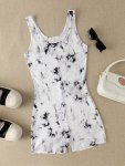 Tie Dye Print Waist Romper Jumpsuit Young Sleeveless Romper Jumpsuit For Spring & Summer Women's Clothing