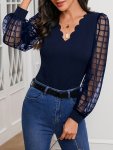 Scallop Trim V Neck Blouse Casual Long Illusion Sleeve Blouse For Spring & Fall Women's Clothing