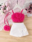 3PCS Cute Rose Decor Camisole + Bow Skirt Girls Outfit Set - Versatile For Summer & Casual Outings