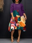 Plus Size Colorblock Print Irregular Hem Dress Casual 3 4 Sleeve Dress For Spring & Summer Women's Plus Size Clothing