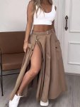 Zip Design High Waist Skirt Casual Solid Color Belted Split Skirt For Spring & Summer Women's Clothing