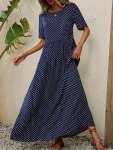 Polka Dot Print Crew Neck Dress Elegant Short Sleeve A-line Flowy Maxi Dress For Spring & Summer Women's Clothing