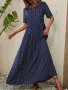 Polka Dot Print Crew Neck Dress Elegant Short Sleeve A-line Flowy Maxi Dress For Spring & Summer Women's Clothing