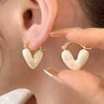 White Heart Design Enamel Hoop Earrings Elegant Simple Style Zinc Alloy Jewelry Delicate Gift For Lovers