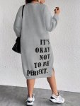 Plus Size Casual Dress Women's Plus Slogan Print Long Sleeve Round Neck Side Split Sweatshirt Dress