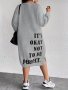 Plus Size Casual Dress Women's Plus Slogan Print Long Sleeve Round Neck Side Split Sweatshirt Dress