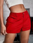 Button Front Flap Pocket Shorts Casual Elastic Waist Solid Cargo Shorts For Spring & Summer Women's Clothing