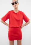 Plain Soft Fabric Fitted Short Sleeve Stretchy Knitted Dress - Red