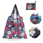 1PC Navy Blue Floral Shoulder Bag Versatile & Foldable Shopping Tote For Women Grocery Handbag