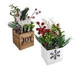 Xmas Table Decor Wooden Box W berry Tree