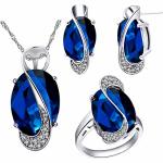 Uloveido Big Oval Mystic Crystal Pendant Chain Necklace Stud Earrings Solitaire Ring Fashion Jewelry Set For Her Mother Teacher