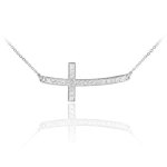 Claddagh Gold 925 Sterling Silver Curved Pendant Stone Studded Sideways Cross Necklace Sterling-silver 16 Inches
