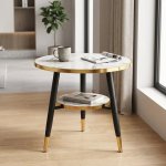 Round Marble Effect Side Table With Gold Trim And Lower Shelf