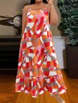 Plus Size Geo Print Color Block Cami Dress Vacation Style Sleeveless Ruffle Hem Longline Dress For Spring & Summer Women's Plus