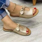 Women's Bow Tie Decor Slippers Open Toe Round Toe Solid Color Flat Slides Women's Indoor & Outdoor Comfy Shoes