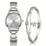 Elegant 2PCS Women's Fashion Watch & Bracelet Set - Silvery Stainless Steel Band Quartz Movement Perfect For Valentine's Easter