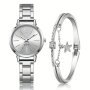 Elegant 2PCS Women's Fashion Watch & Bracelet Set - Silvery Stainless Steel Band Quartz Movement Perfect For Valentine's Easter Ramadan Birthdays Christmas Gifts