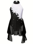 Girls Shiny Rhinestone Skating Dress Shapewear Lyrical Dance Ballet Gymnastics Leotard Sleeveless Sequins Dancewear