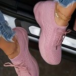 Women's Knit Sports Shoes Solid Color Lace Up Low Top Running Shoes Casual Outdoor Sneakers
