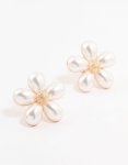 Gold Plated Large Flower Freshwater Pearl Stud Earrings