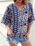 Ethnic Print Blouse V Neck Casual Button Front Blouse Women's Clothing