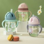 1PC 250ML 8.45OZ Cute Cartoon Plastic Water Cup Leakproof Straw Water Bottle With Double Handle Portable For Outdoor Sports Fitn