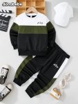 2PCS Boy's Spring Fall Thin And Lightweight Color Clash Set King Print Sweatshirt & Sweatpants Set Casual Outfits Boys Clothes F