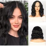 Water Wave Short Curly Wig For Women Middle Part Black Synthetic Hair High Temperature Fiber Breathable Rose Net Cap Basic Every