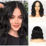 Water Wave Short Curly Wig For Women Middle Part Black Synthetic Hair High Temperature Fiber Breathable Rose Net Cap Basic Everyday & Party Style 40.64 Cm