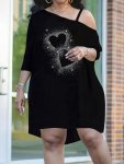 Plus Size Heart Pattern Rhinestone Cold Shoulder Dress Casual Long Sleeve Dress For Spring & Fall Women's Plus Size Clothing