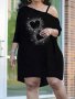 Plus Size Heart Pattern Rhinestone Cold Shoulder Dress Casual Long Sleeve Dress For Spring & Fall Women's Plus Size Clothing