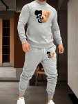 Doble Face Bear Print Men's 2PCS Outfits Casual Crew Neck Long Sleeve Pullover Sweatshirt And Drawstring Sweatpants Joggers Set
