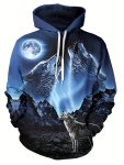 Wolf Moon Print Men's Pullover Round Neck Hoodies With Kangaroo Pocket & Drawstring Long Sleeve Hooded Sweatshirt Loose Casual T