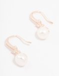 Rose Gold Plated Cubic Zirconia Pave Flower & Pearl Hook Earrings