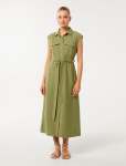 Mikayla Tie Belt Button Up Midi Dress - 16 Utility Green