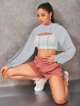 Solid Dipped Hem Drawstring Hoodie Casual Long Sleeve Crop Sweatshirt Women's Clothing