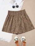 Leopard Print Elastic Waist Shorts Casual Ruched Shorts For Spring & Summer Women's Clothing