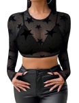 Avidlove Mesh Top Crop Tops Long Sleeve Black Mesh Crop Top Mesh Tee Shirt PAT11 Star S