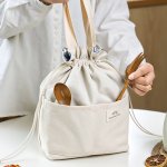 Japanese Style Canvas Lunch Bag With Aluminum Foil Insulation Square Handheld Drawstring Bento Bag For Students And Office Worke